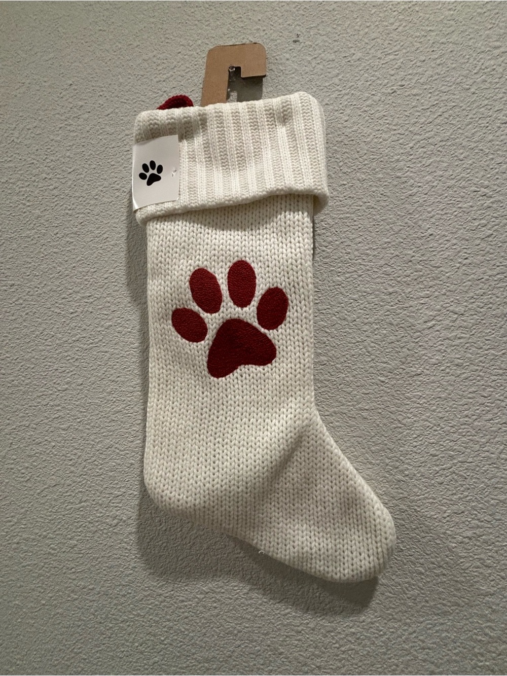 Cream Knit Dog Stocking with Red Paw Accent